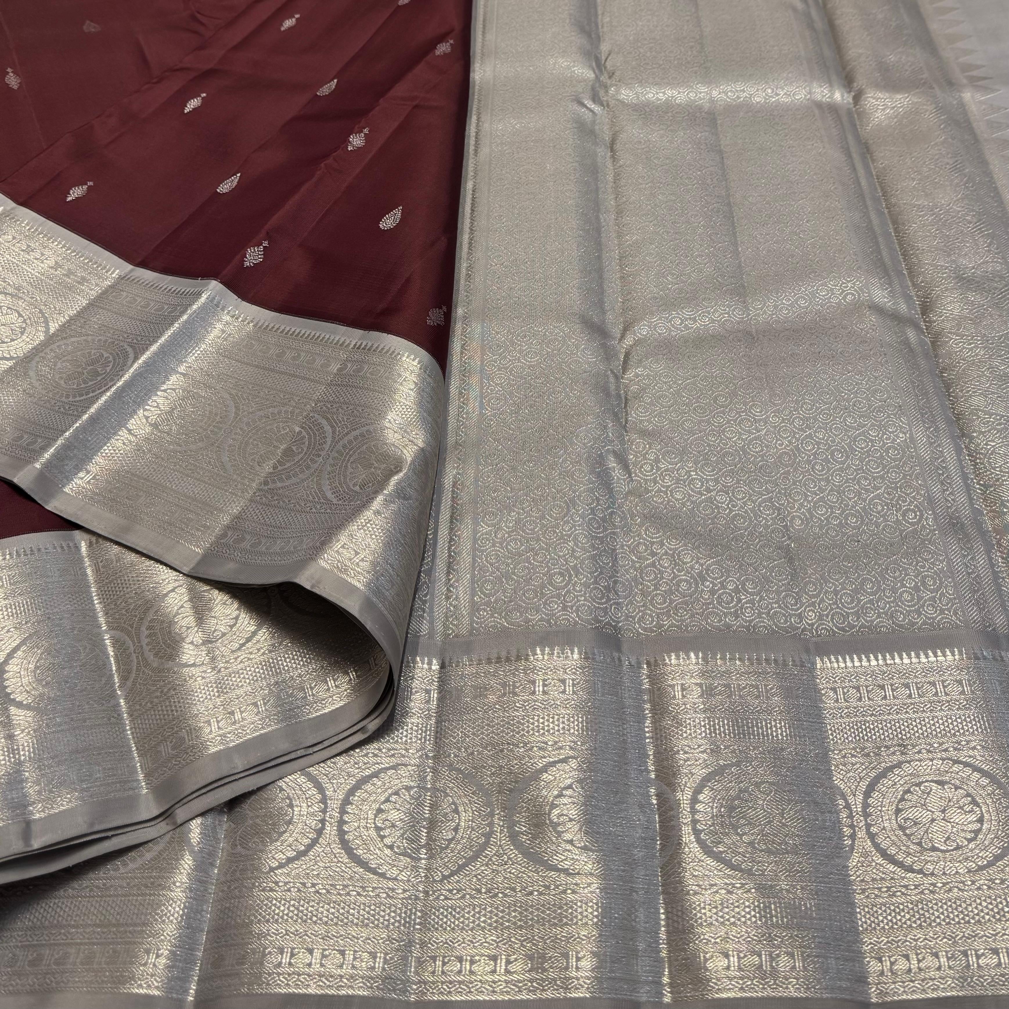 Classic Dark Chocolate & Grey 2gm Zari Elegance Kanchipuram Handloom Silk Saree SS24465