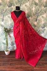 Load image into Gallery viewer, Classic Red Handwork Elegance Chinnon Satin Silk Saree SS24528
