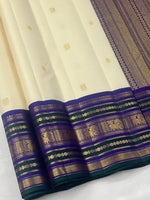 Load image into Gallery viewer, Classic Cream &amp; Bluish Violet 2gm Zari Elegance Kanchipuram Handloom Silk Saree SS27358
