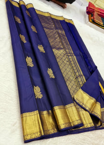 Classic Navy Blue 1gm Zari Kanchipuram Handloom Silk Saree SS25778