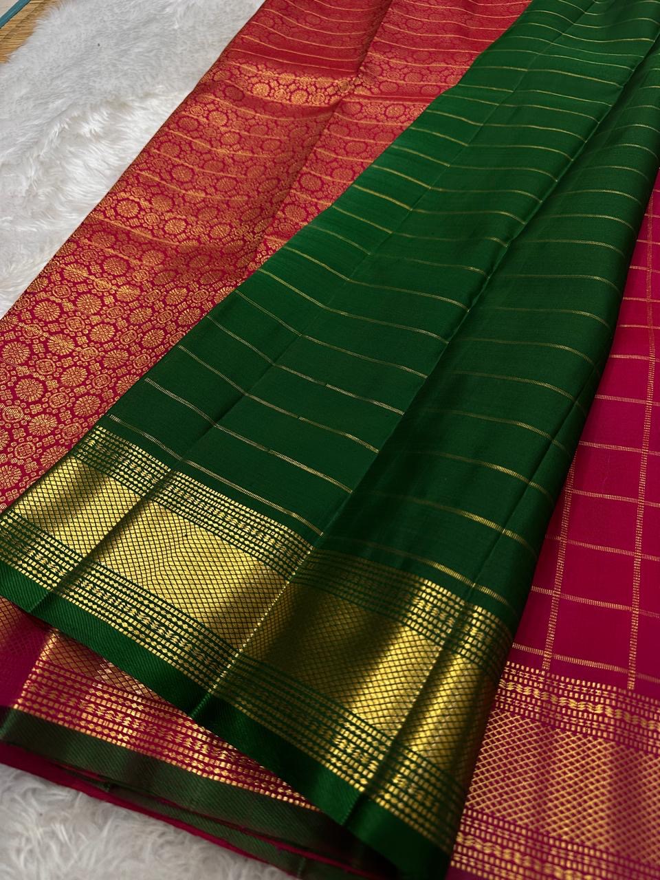 Classic Brick Pink & Forest Green Elegance Kanchipuram Handloom Silk Saree SS24543