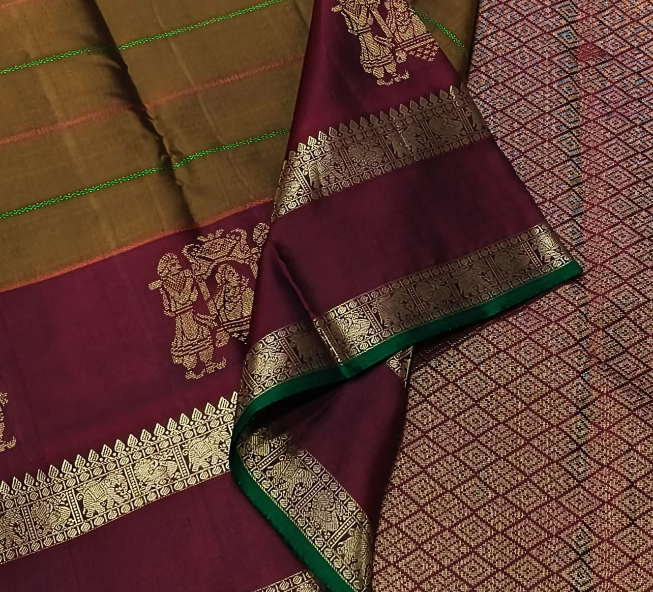 Classic Mustard & Maroon 1gm Zari Kanchipuram Handloom Silk Saree SS25915