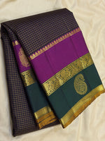 Load image into Gallery viewer, Classic Charcoal Black &amp; Pine Green 2gm Zari Oosi Checks Elegance Kanchipuram Handloom Silk Saree SS27641
