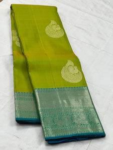 Classic Spring Green & Ice Blue 2gm Zari Elegance Kanchipuram Handloom Silk Saree SS25311