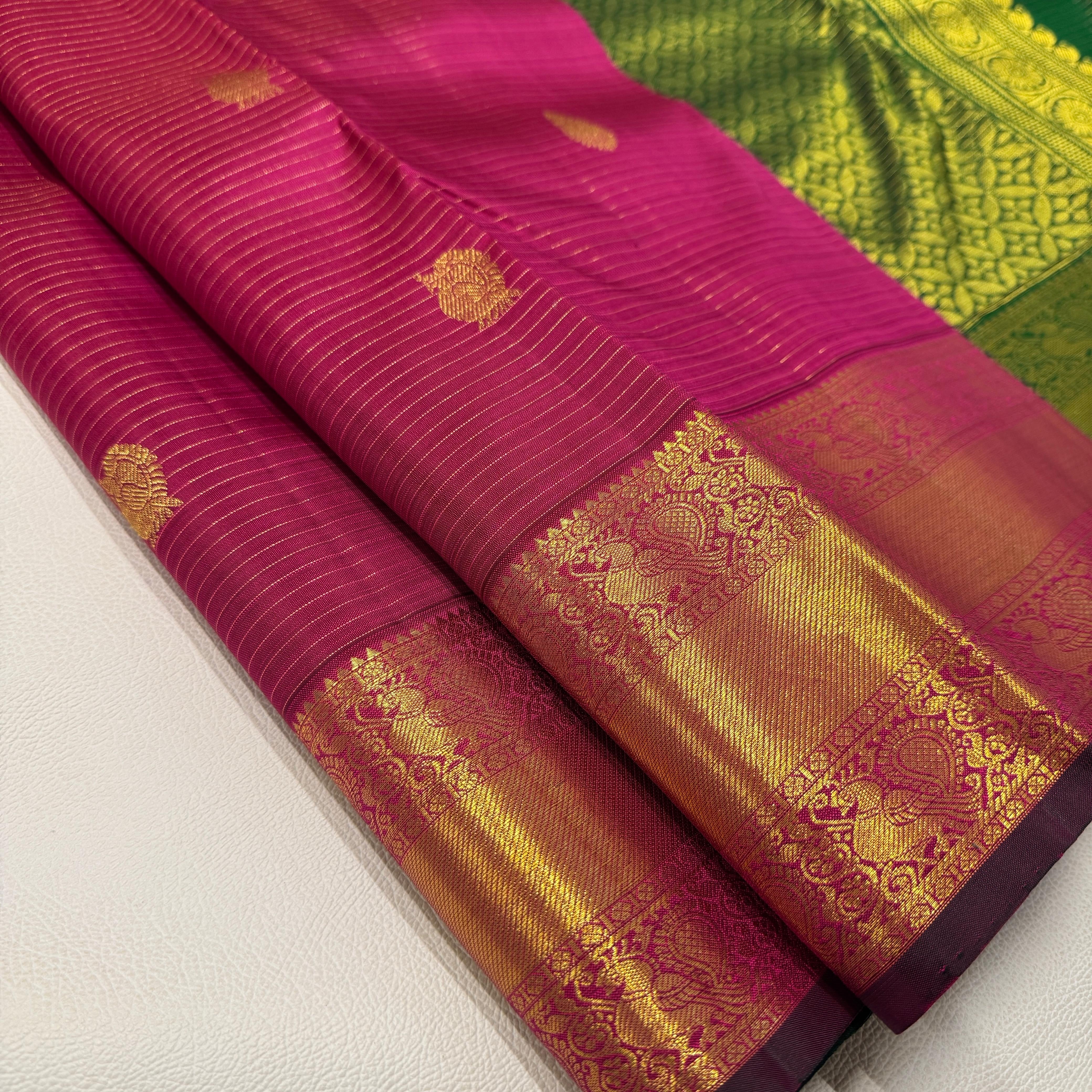 Classic Dark Pink & Green 2gm Zari Vaira Oosi Kattam Kanchipuram Handloom Silk Saree SS26060