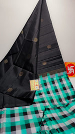 Load image into Gallery viewer, Classic Charcoal Black &amp; Sea Green Checks Elegance Handloom Soft Silk Saree SS26343
