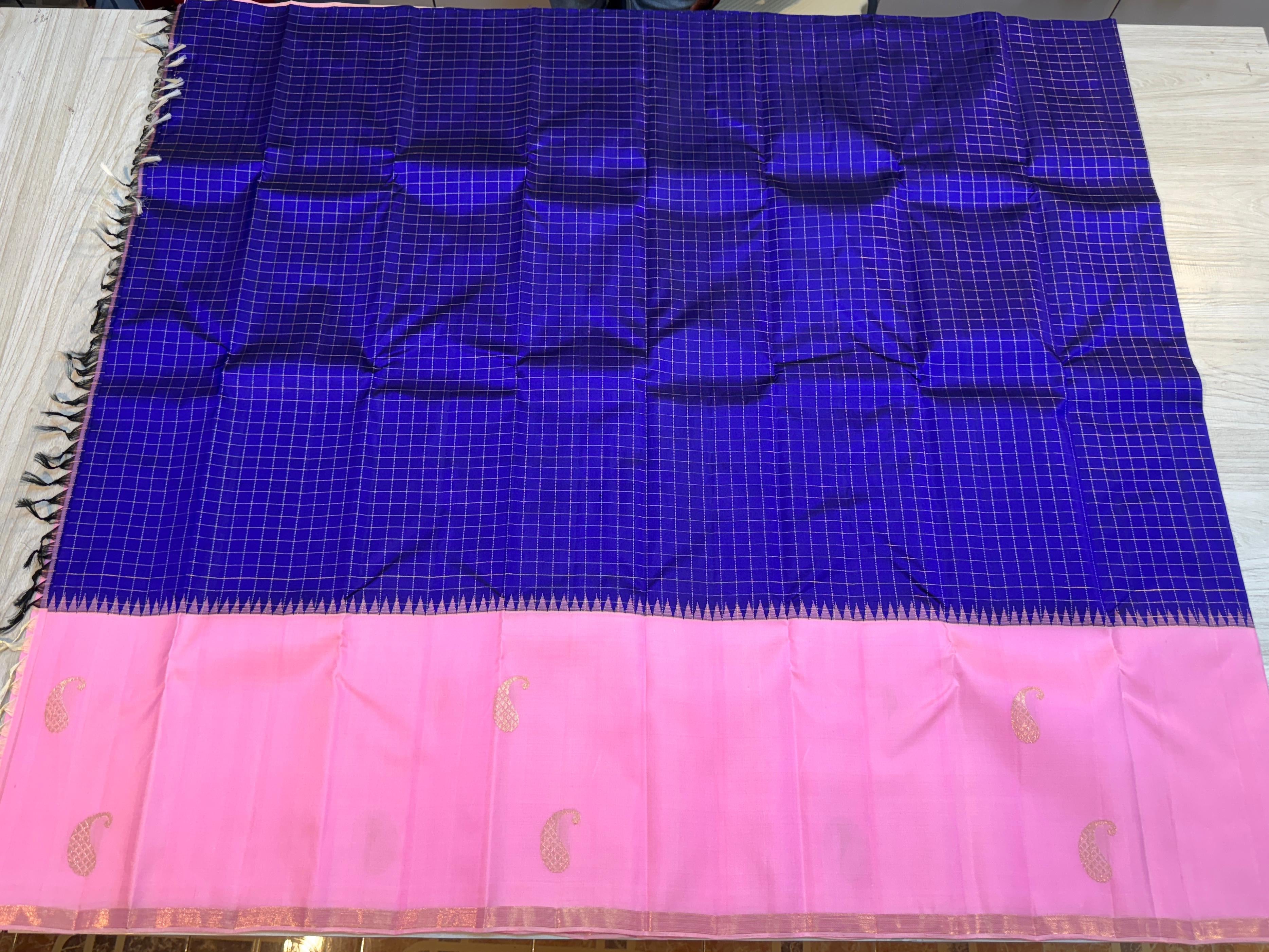 Classic Royal Blue & Baby Pink Half Design Kanchipuram Handloom Silk Saree SS26254