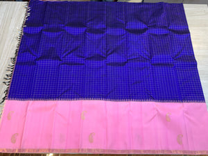 Classic Royal Blue & Baby Pink Half Design Kanchipuram Handloom Silk Saree SS26254