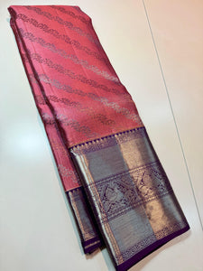 Classic Rose Pink & Purple 3D Bridal Elegance Kanchipuram Handloom Silk Saree SS23898