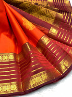 Load image into Gallery viewer, Classic Apricot Orange &amp; Garnet Red Bridal Elegance Kanchipuram Handloom Silk Saree SS28459
