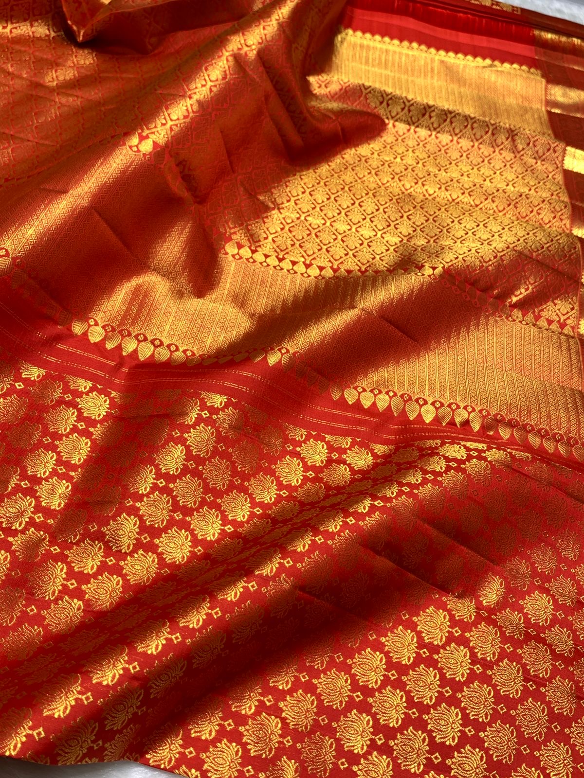 Classic Deep Orange 2gm Zari Bridal Elegance Kanchipuram Handloom Silk Saree SS25449
