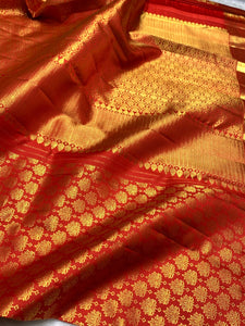 Classic Deep Orange 2gm Zari Bridal Elegance Kanchipuram Handloom Silk Saree SS25449