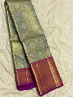 Load image into Gallery viewer, Classic Pastel Green &amp; Violet 2gm Zari Tissue Brocade Bridal Elegance Kanchipuram Handloom Silk Saree SS27090
