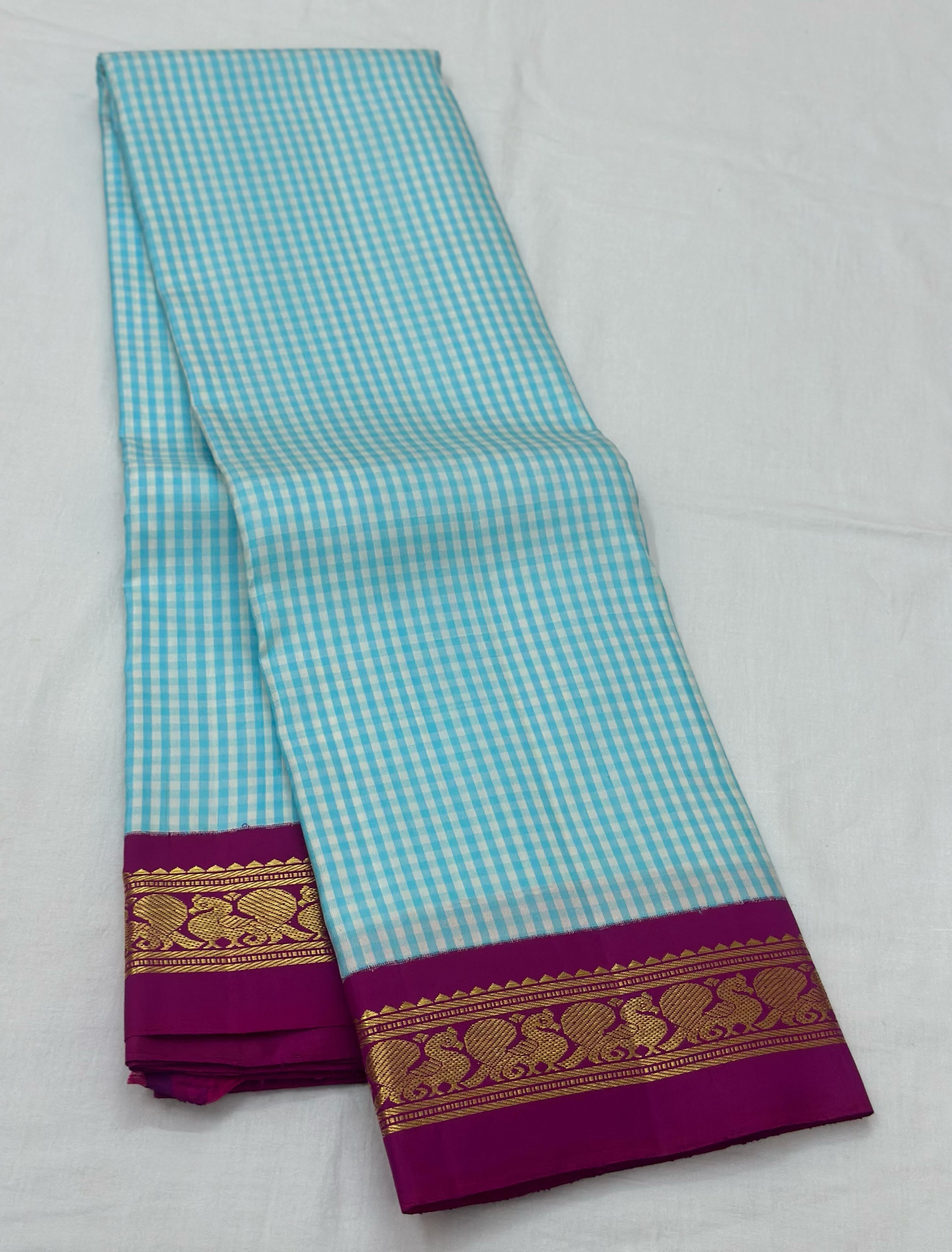 Classic Sky Blue & Plum 2gm Zari Elegance Kanchipuram Handloom Silk Saree SS24733