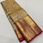 Load image into Gallery viewer, Classic Golden Cream &amp; Maroon Korvai 1gm Zari Bridal Elegance Kanchipuram Tissue Handloom Silk Saree SS26299
