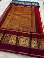 Load image into Gallery viewer, Classic Pearl Cream &amp; Barn Red Blue Elegance Kanchipuram Handloom Silk Saree SS26955
