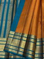 Load image into Gallery viewer, Classic Mustard Yellow &amp; Teal Blue Beldari Vintage Oosi Checks 2gm Zari Elegance Kanchipuram Handloom Silk Saree SS27204
