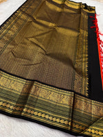 Load image into Gallery viewer, Classic Orange &amp; Charcoal Black Bridal Elegance Kanchipuram Handloom Silk Saree SS21119
