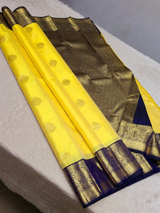 Classic Neon Yellow & Navy Blue 2gm Zari Kanchipuram Handloom Silk Saree SS26386