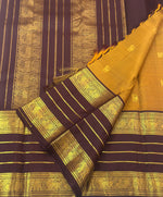 Load image into Gallery viewer, Classic Mustard &amp; Dark Chocolate 2gm Zari Korvai Kanchipuram Handloom Silk Saree SS26902

