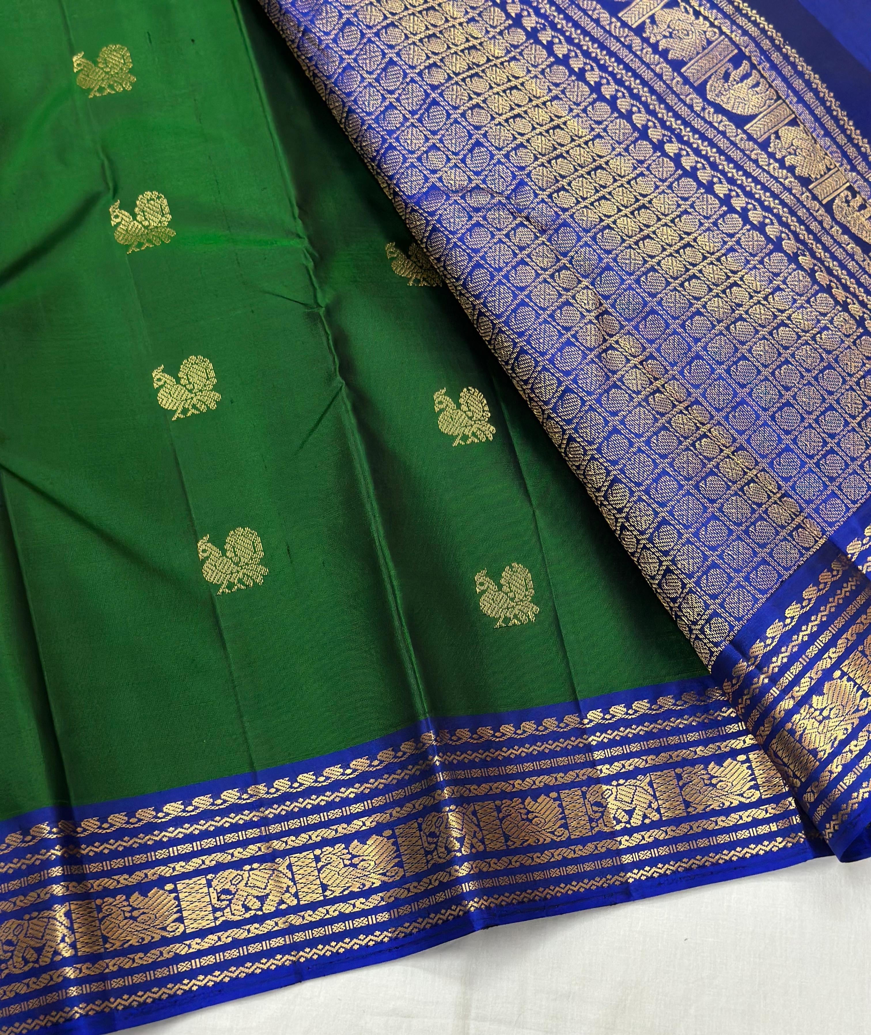 Classic Dark Green & Royal Blue 1gm Zari Elegance Kanchipuram Handloom Silk Saree SS24725