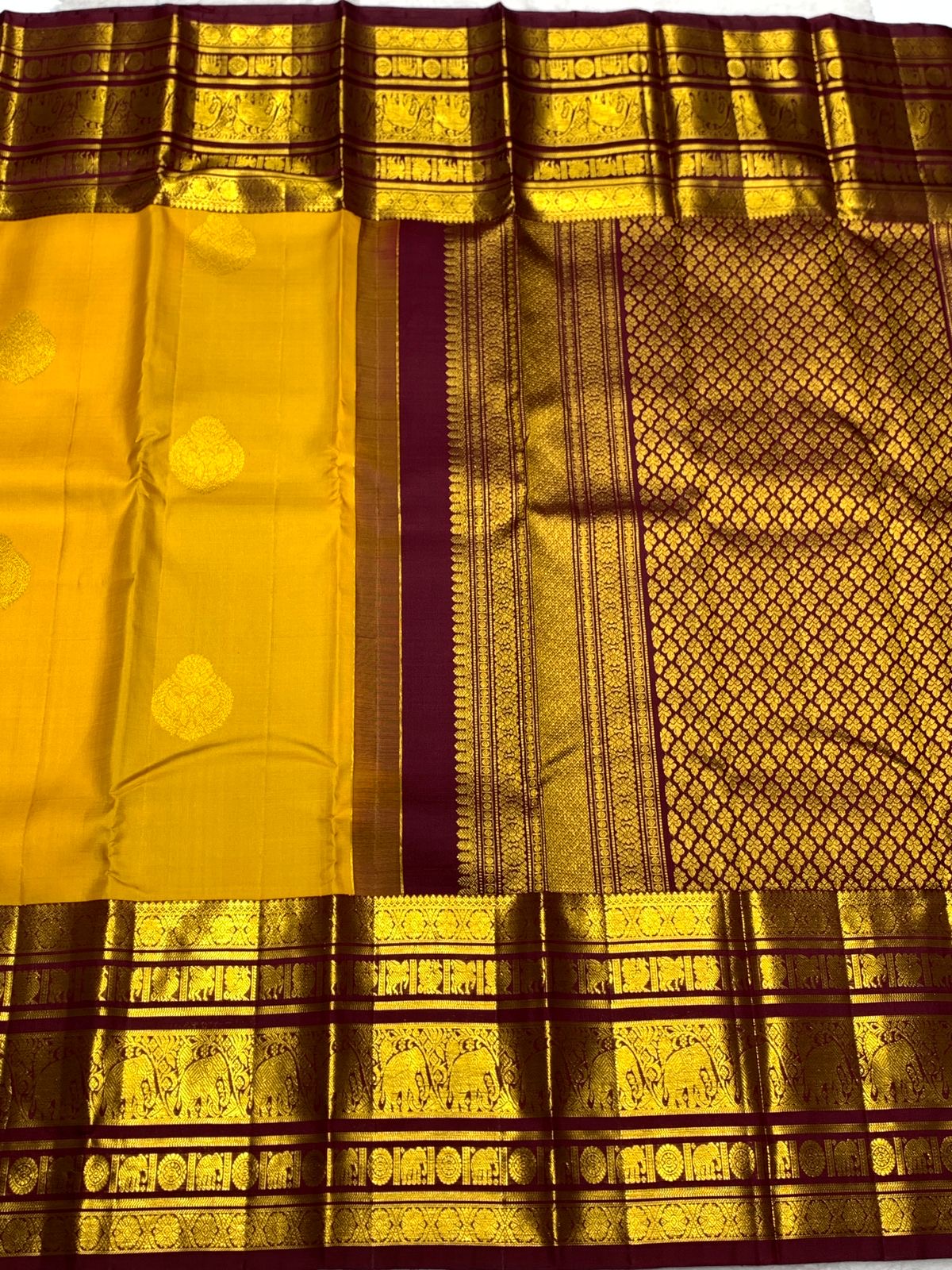 Mango Yellow & Mahogany Red 2gm Zari Kanchipuram Handloom Silk Saree SS25828