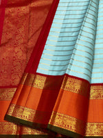 Load image into Gallery viewer, Classic Sky Blue &amp; Barn Red 3gm Zari Vaira Oosi Beldari Design Elegance Kanchipuram Handloom Silk Saree SS24442
