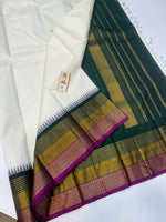 Load image into Gallery viewer, Classic Butter Cream &amp; Pine Green 2gm Zari Elegance Kanchipuram Handloom Silk Saree SS24185
