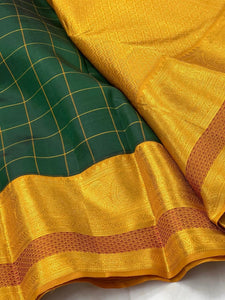 Classic Green & Mustard Yellow Thread Kanchipuram Handloom Silk Saree SS25581