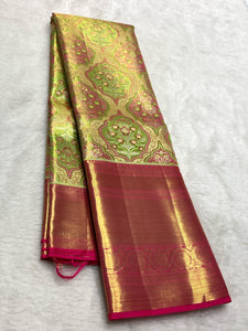 Classic Spring Green & Deep Pink 2gm Zari Bridal Elegance Kanchipuram Handloom Silk Saree SS24771