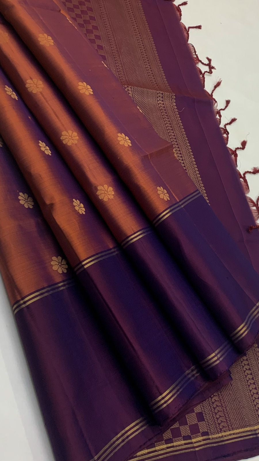 Mustard Brown & Plum Elegance Handloom Soft Silk Saree SS23277