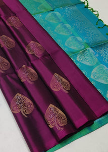 Classic Wine Red & Teal Green Handloom Soft Silk Saree SS23003