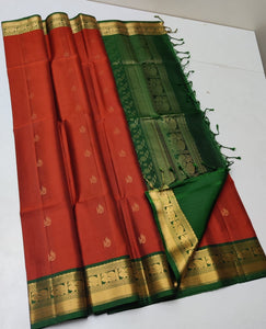 Reddish Orange & Dark Green Double Warp Elegance Handloom Soft Silk Saree SS22176