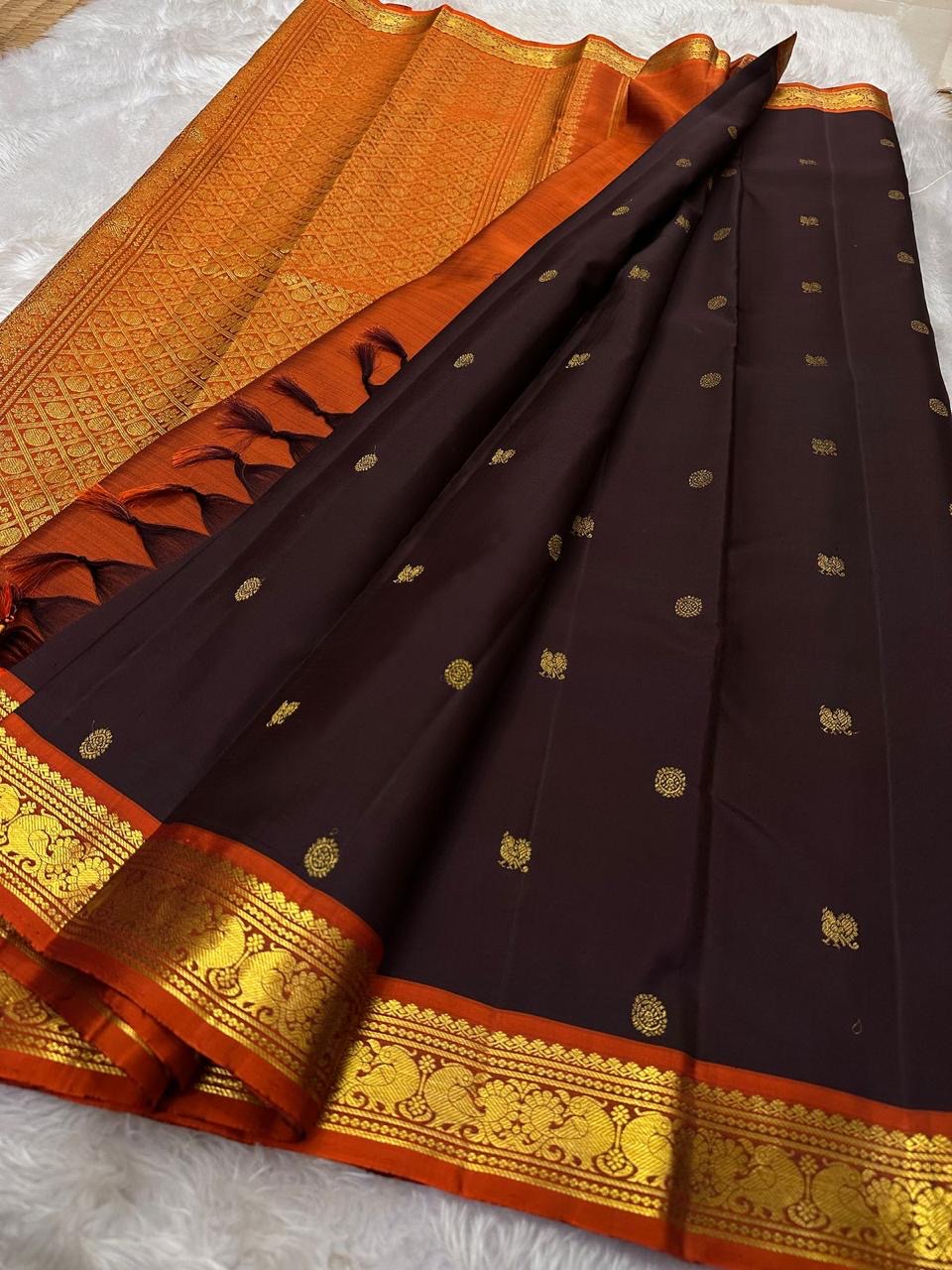 Classic Aubergine & Burnt Orange Elegance Kanchipuram Handloom Silk Saree SS25388