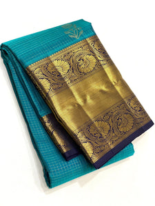 Classic Teal Blue & Navy Blue 2gm Zari Vaira Oosi Check Butta Elegance Kanchipuram Handloom Silk Saree SS23624