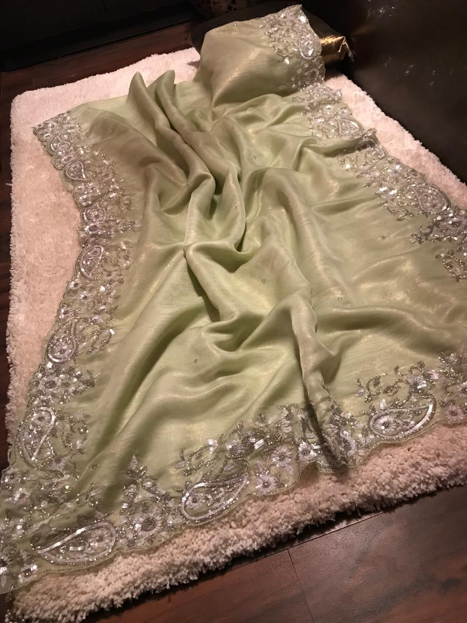 Classic Pistachio Green Elegance Tissue Organza Silk Saree SS24159