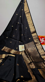 Load image into Gallery viewer, Classic Carbon Black Gold &amp; Silver Zari Double Warp Handloom Soft Silk Saree SS27852
