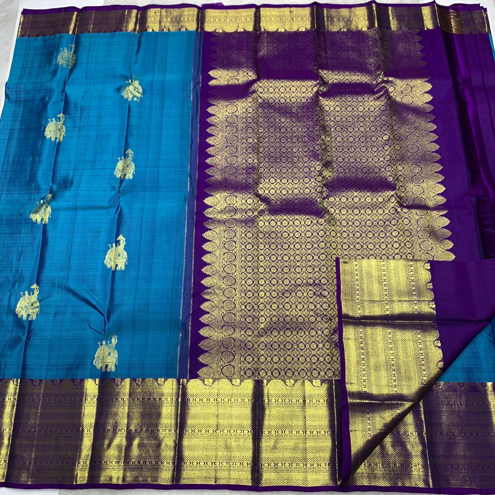 Classic Teal Blue & Purple 2gm Zari Bridal Elegance Kanchipuram Handloom Silk Saree SS23562