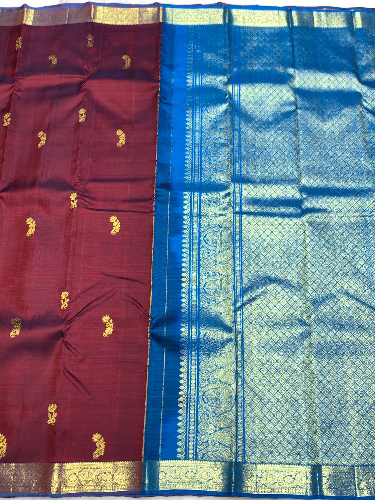 Classic Plum & Azure Blue 2gm Zari Kanchipuram Handloom Silk Saree SS25818
