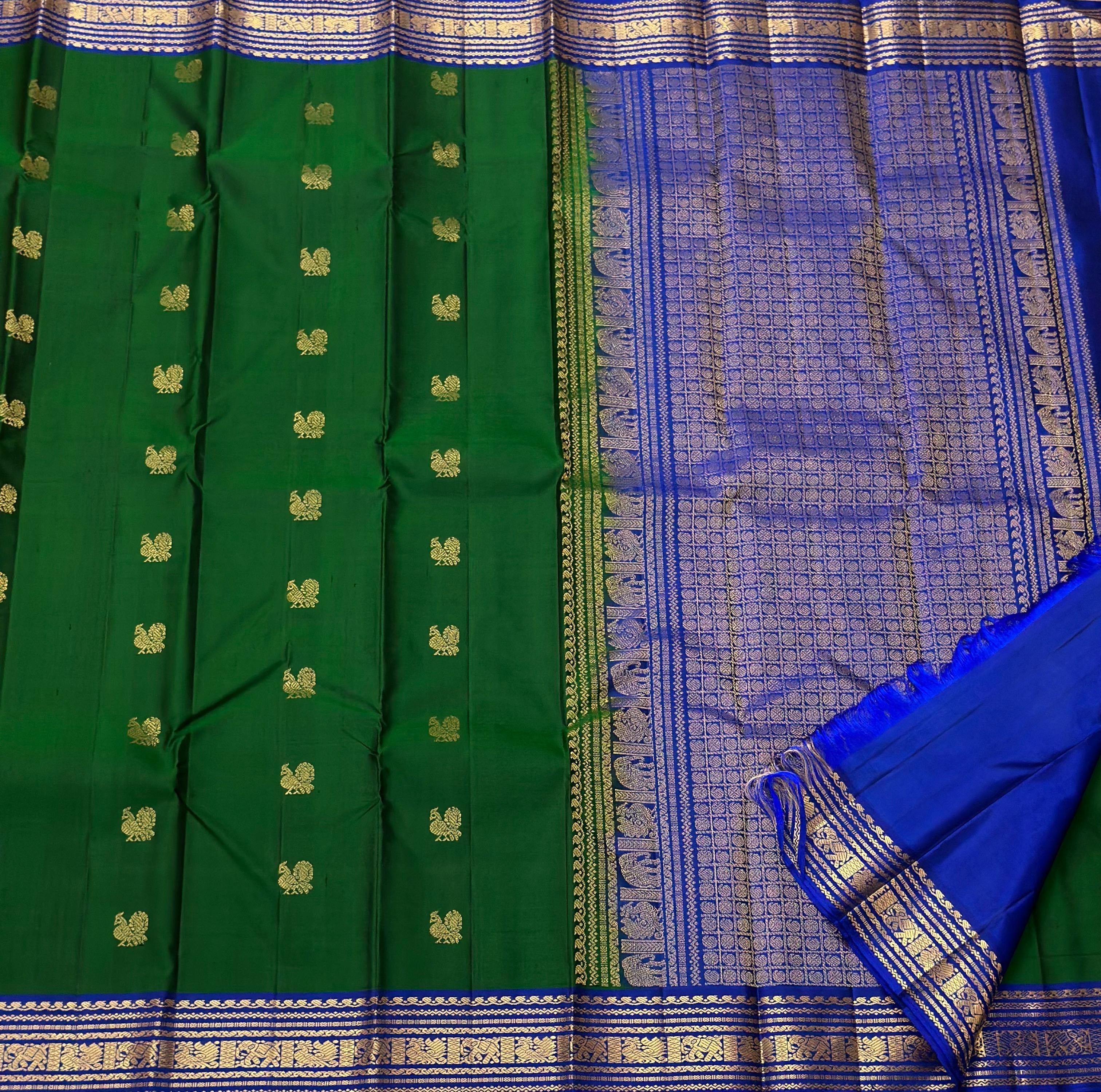 Classic Dark Green & Royal Blue 1gm Zari Elegance Kanchipuram Handloom Silk Saree SS24725