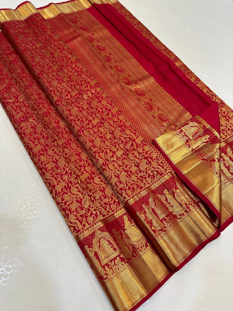 Classic Crimson Red Bridal Elegance Kanchipuram Handloom Silk Saree SS26637