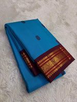 Load image into Gallery viewer, Classic Azure Blue &amp; Barn Red Elegance Kanchipuram Handloom Silk Saree SS27243
