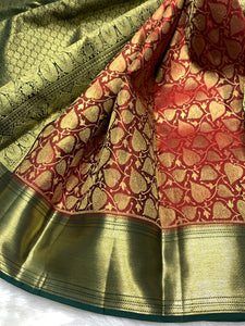 Classic Cherry Red & Deep Green 2gm Zari Bridal Elegance Kanchipuram Handloom Silk Saree SS25357