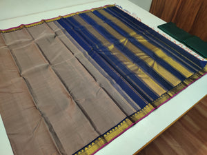 Classic Sand Grey & Midnight Blue Elegance Kanchipuram Handloom Silk Saree SS23685