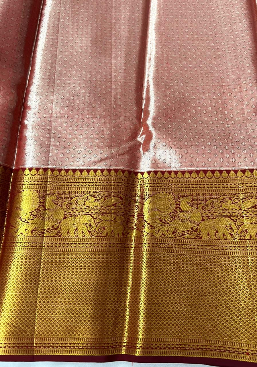 Pastel Cocoa Rose & Barn Red 2gm Zari Bridal Elegance Kanchipuram Handloom Silk Saree SS24062