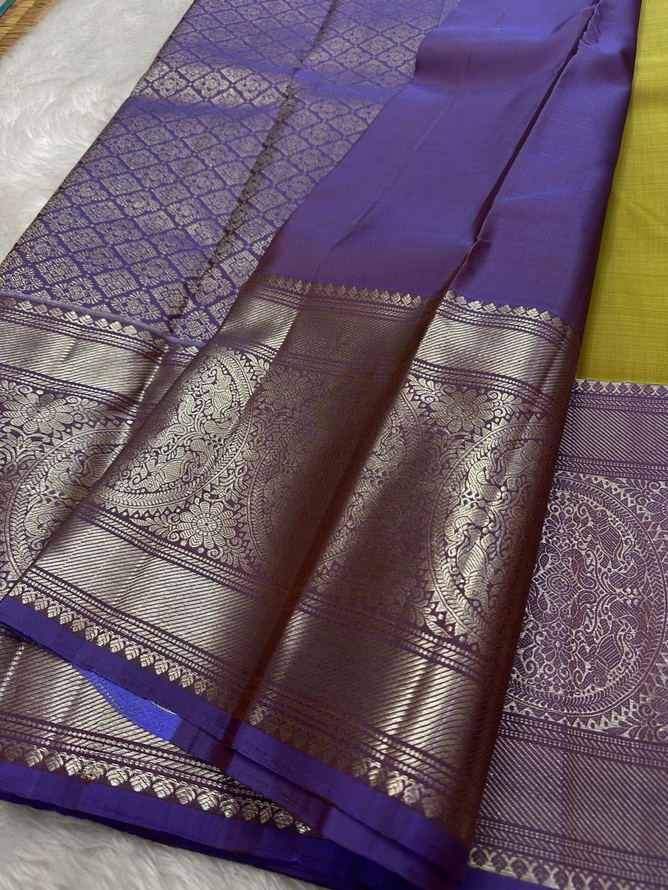 Classic Fern Green & Lavender Elegance Kanchipuram Handloom Silk Saree SS24539