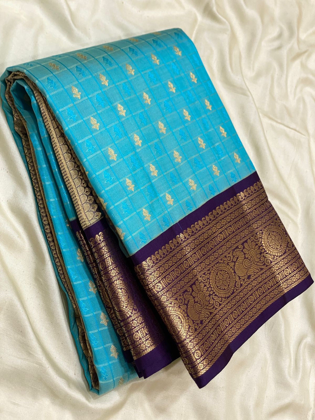 Classic Sky Blue & Violet 1gm Zari Kanchipuram Handloom Silk Saree SS25813