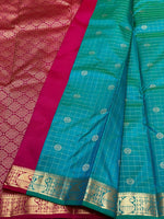 Load image into Gallery viewer, Classic Peacock Green &amp; Ruby Pink 1gm Zari Elegance Kanchipuram Handloom Silk Saree SS27967
