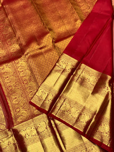 Classic Crimson Red 2gm Zari Bridal Elegance Kanchipuram Handloom Silk Saree SS25358