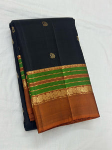 Classic Charcoal Black & Mustard 1gm Zari Elegance Kanchipuram Handloom Silk Saree SS24772